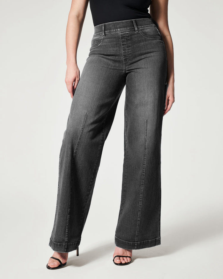 Women's Straight Jeans Mid Waist Wide Leg Pants High Elastic Waist Trousers