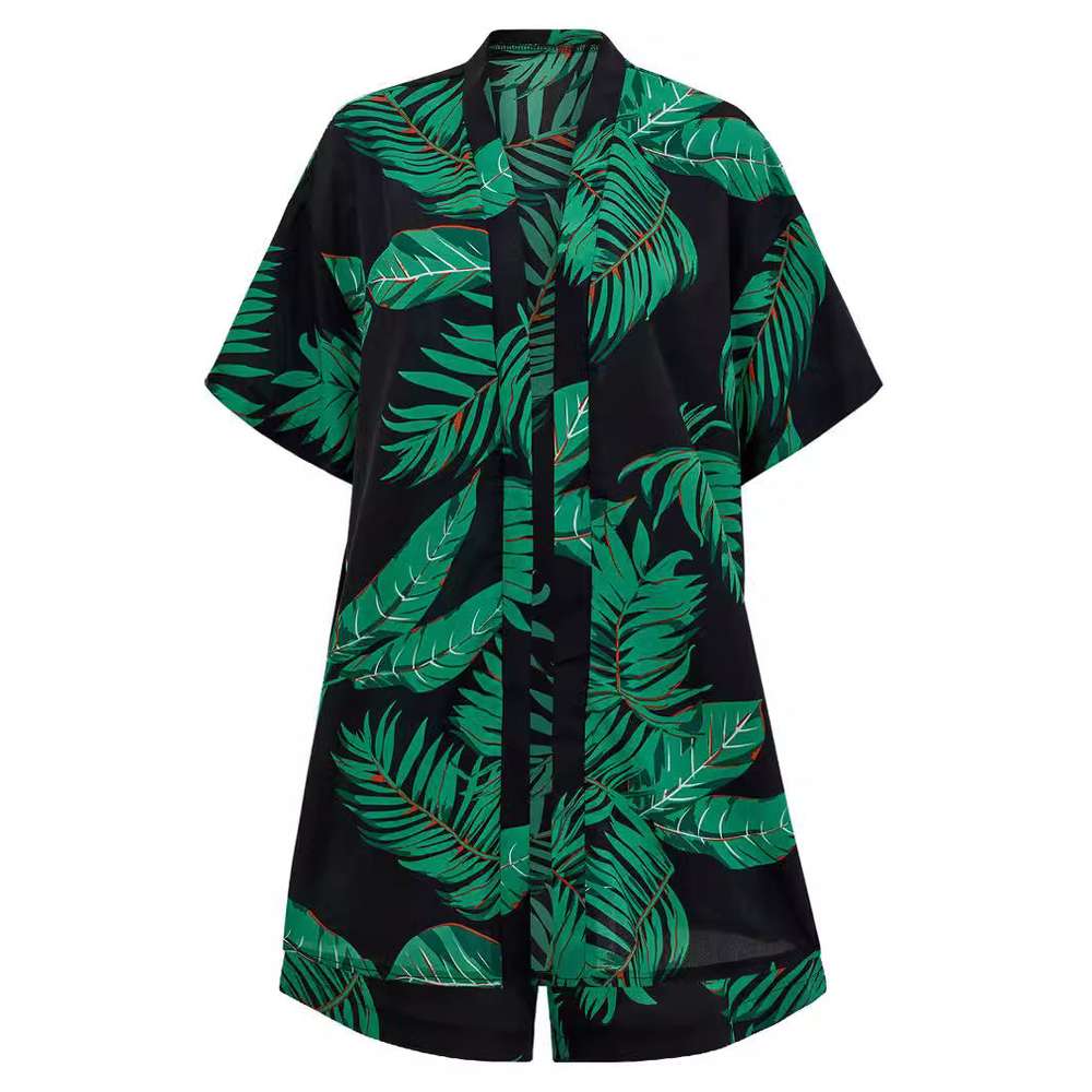 2pcs Casual Holiday Leaves Print Suit Summer Short Sleeve Shirt Top And Drawstring Shorts Sets For Womens Clothing - Minihomy