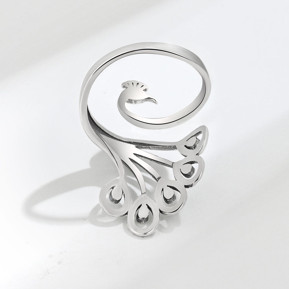 Creative Retro Peacock Sterling Silver Wide Face Ring - Minihomy