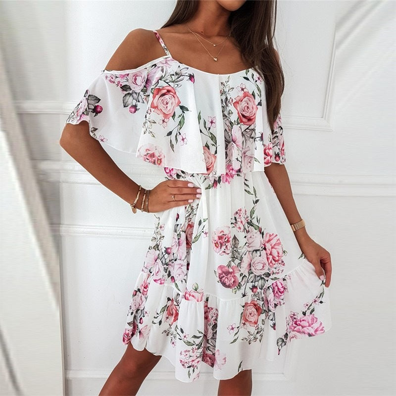 Women's Summer Floral Ruffled Off-the-Shoulder Suspender Dress