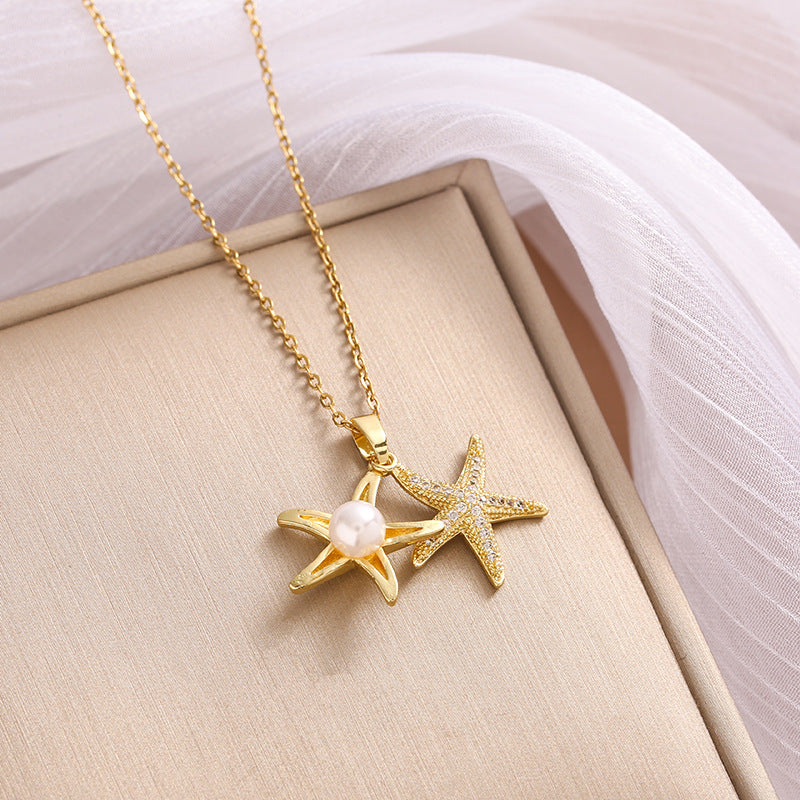 Full Rhinestone Zircon Sea Summer Star Pearl Pendant Titanium Steel Clavicle Chain - Minihomy