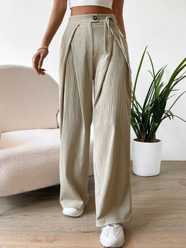 High-Waist Lace-up Patchwork Casual Straight Leg Pants - Minihomy