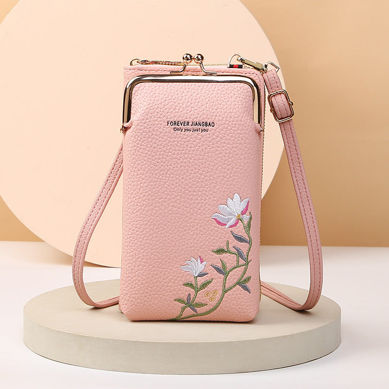 Flower Embroidery Phone Bag With Lock Buckle Outdoor Long Wallet Fashion Shoulder And Crossbody Bags - Minihomy