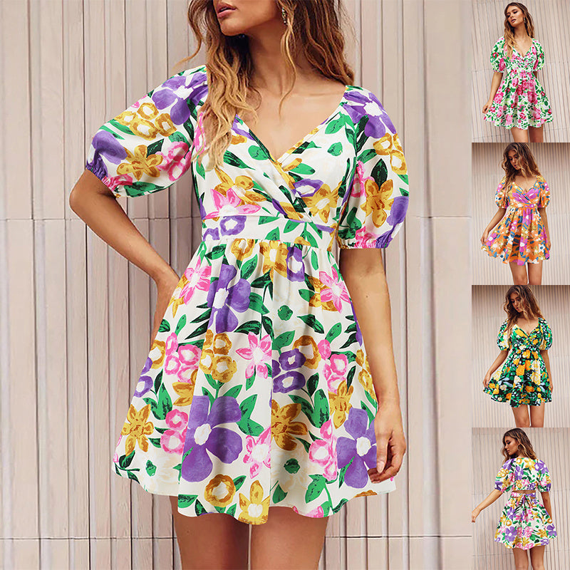 Women's V-Neck Lantern Sleeve Floral Print Summer Beach Dress - Y2K Fashion