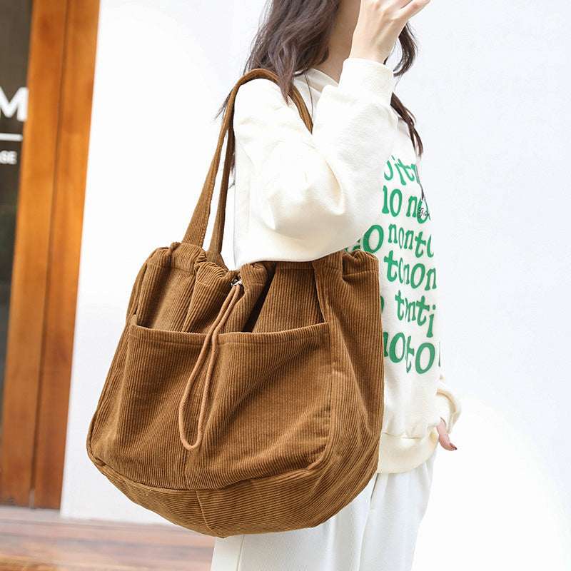 Ins Corduroy Shoulder Bags Drawstring Multi-pocket Handbag Women Underarm Bags - Minihomy