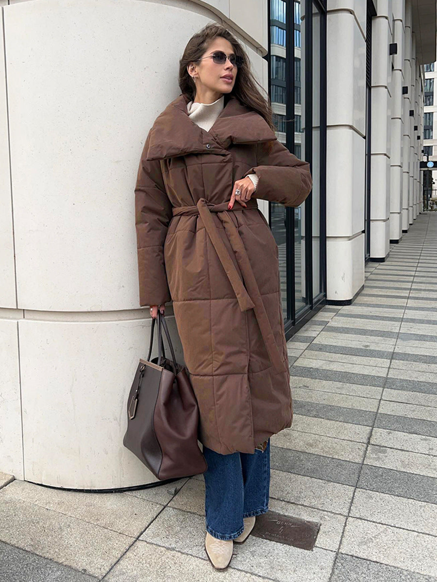 Women's Warm Winter Coat - Long Lapel, Cotton, Pockets, Lace-up