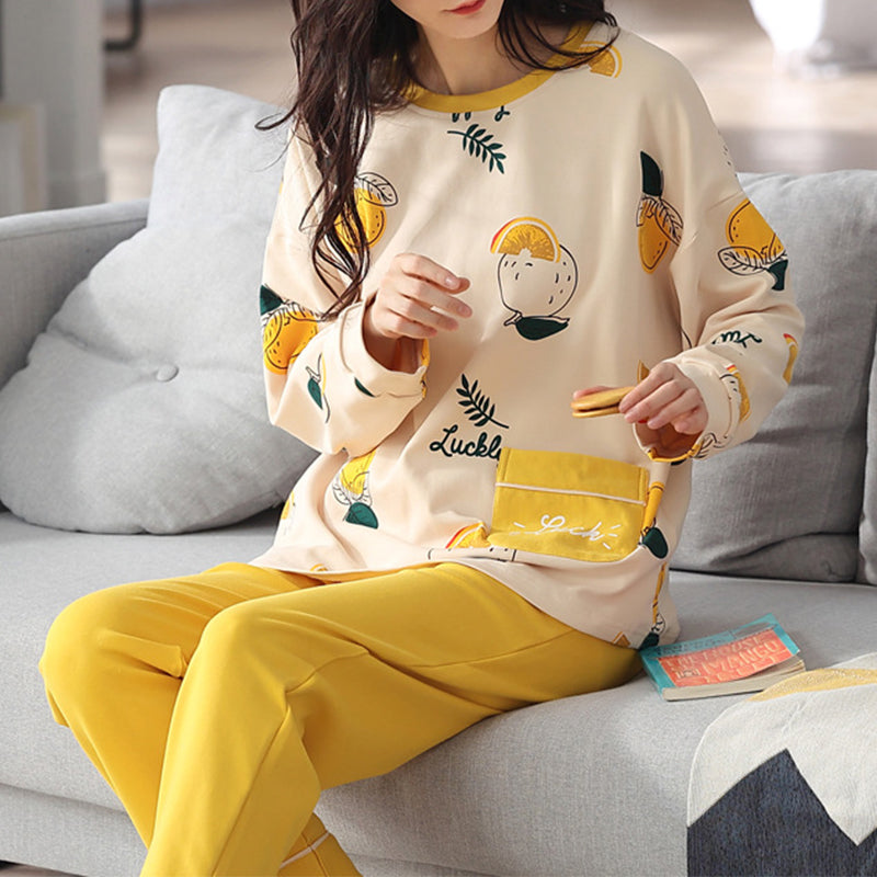 Loose Print Pajamas Women Autumn Winter Pyjama Set Long Sleeves And Trousers Sleepwear - Minihomy