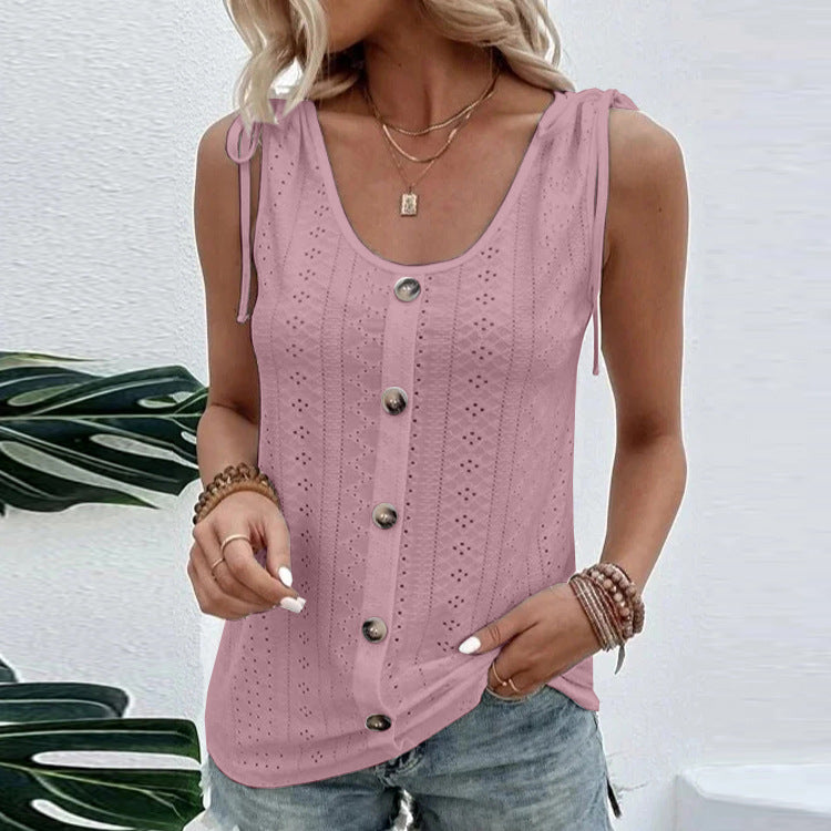 Casual Solid Color U-neck Vest Women Shoulder With Bow Tie Tops Summer T-shirt - Minihomy