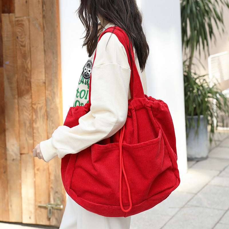 Ins Corduroy Shoulder Bags Drawstring Multi-pocket Handbag Women Underarm Bags - Minihomy