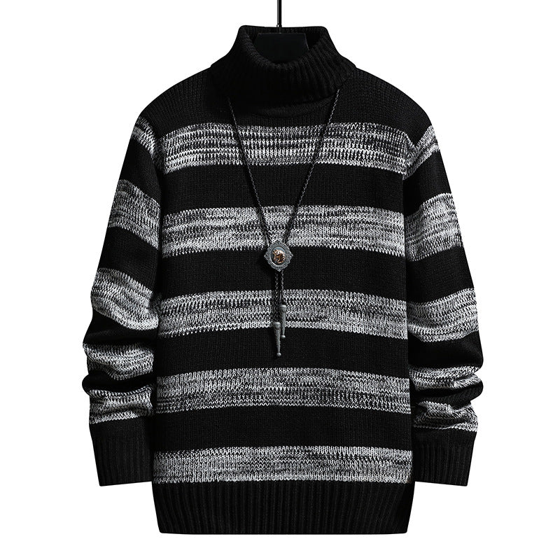 High-neck Men's Autumn And Winter Long-sleeved Trendy Slim Striped Sweater - Minihomy