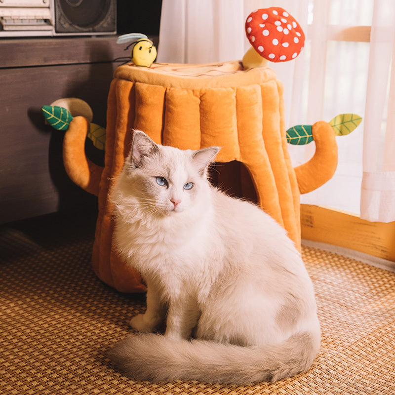 Cat Litter Cat Sleeping Bag Small Dog Autumn And Winter Warm Semi-enclosed Tree Stump Cat House - Minihomy