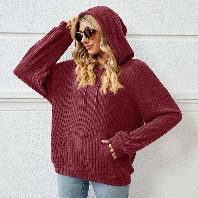 Knitted Sweater With Hooded Pit Stripe Kangaroo Pocket Sweater - Minihomy