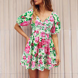 Women's V-Neck Lantern Sleeve Floral Print Summer Beach Dress - Y2K Fashion