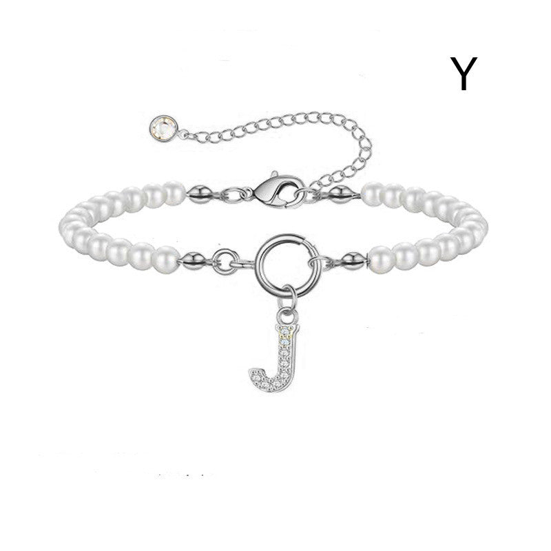 Personalized Initial Bracelet with Pearl Charm - A-Z Letter Toggle Clasp Jewelry Gift for Women - Minihomy