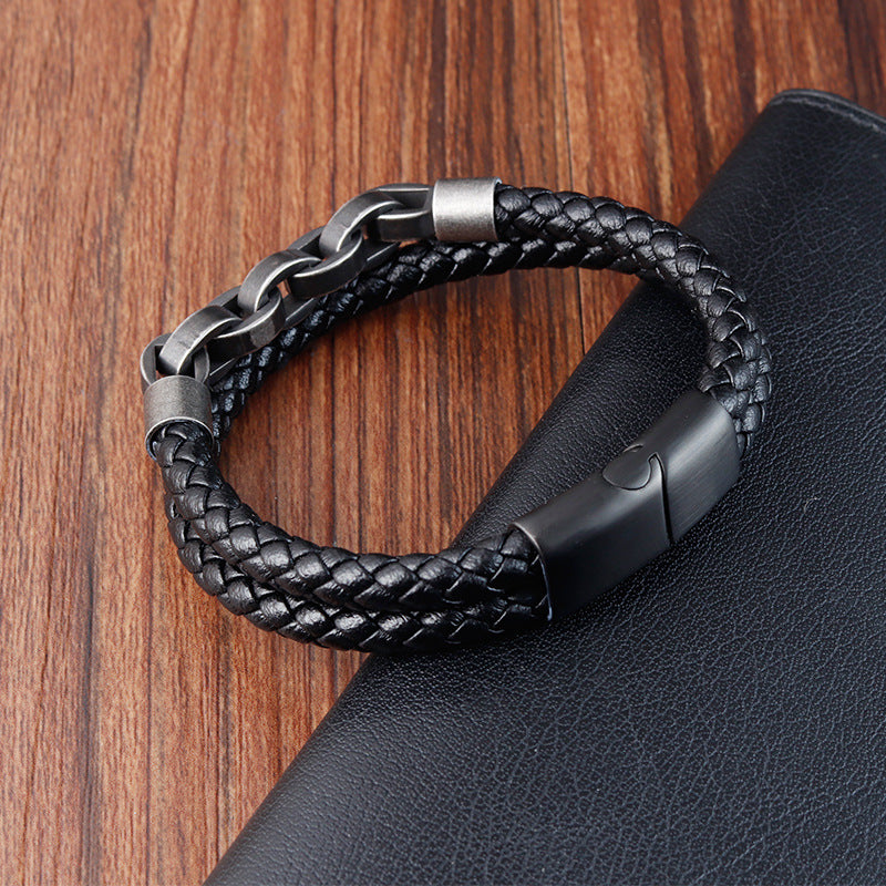 Black Genuine Leather Chain Bracelet with Magnetic Buckle - Minihomy