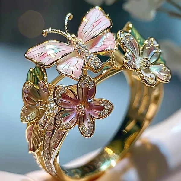 Gold Plated Butterfly Flower Crystal Ring for Women - Elegant Aesthetic Jewelry - Minihomy