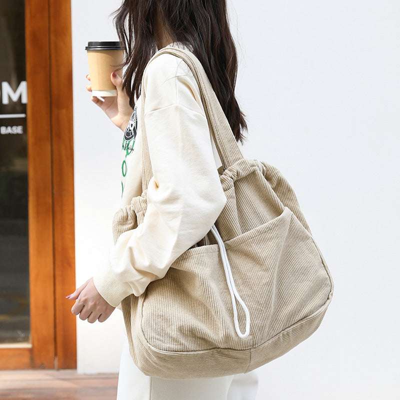 Ins Corduroy Shoulder Bags Drawstring Multi-pocket Handbag Women Underarm Bags - Minihomy