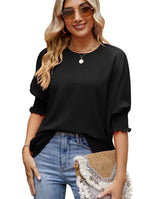 Women's Loose T-shirt With Elastic Sleeves - Solid Color Outfit