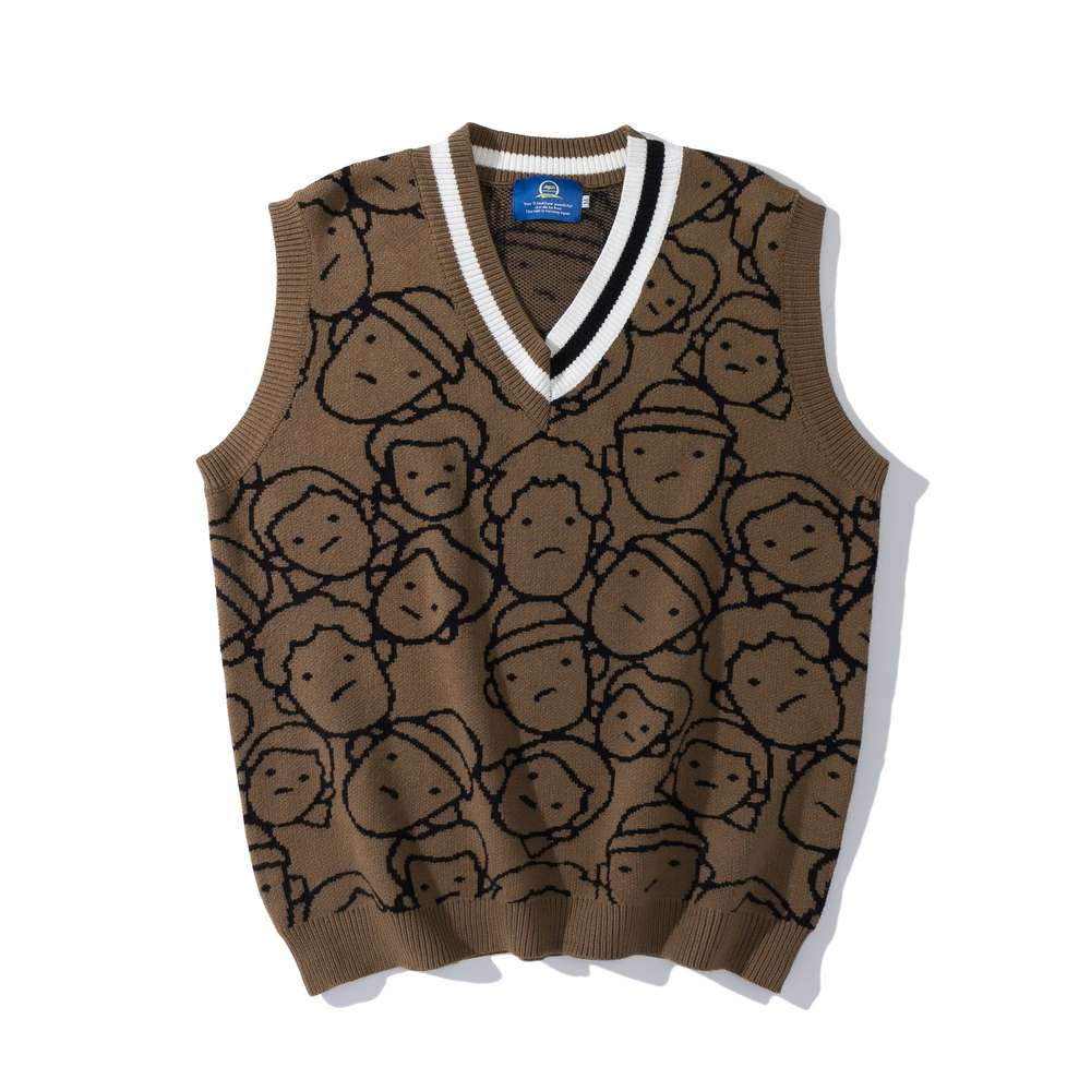 Knit Sweater Couple Printing Sleeveless Sweater Men: Vintage Comfort for Every Season - Minihomy