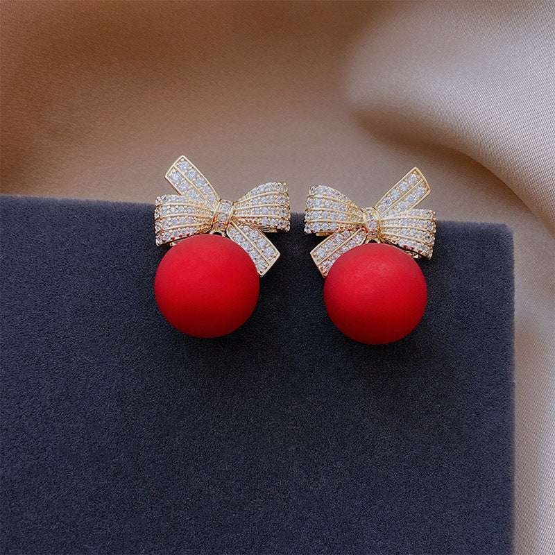 Female Bowknot Pearl Earrings Temperament Christmas - Minihomy