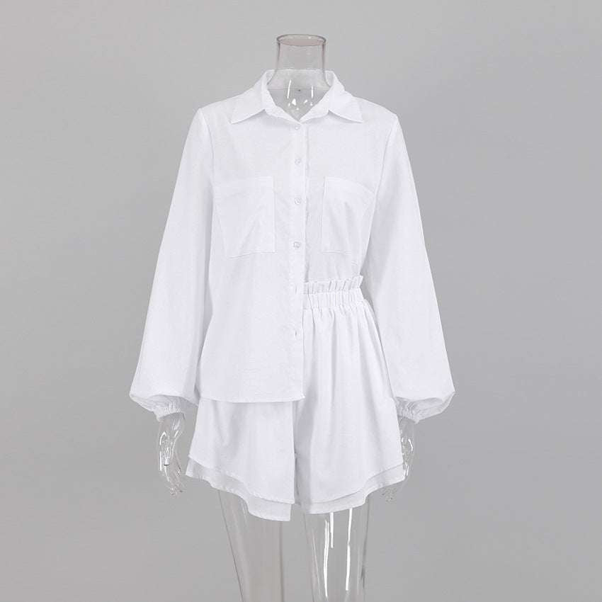 Cotton Linen Women's Long-sleeved Top Ruffle Shorts Two-piece Casual Suit - Minihomy