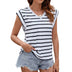 Fashion Stripe Print V-neck Short-sleeved T-Shirt Summer Loose Tank Top Womens Clothing - Minihomy