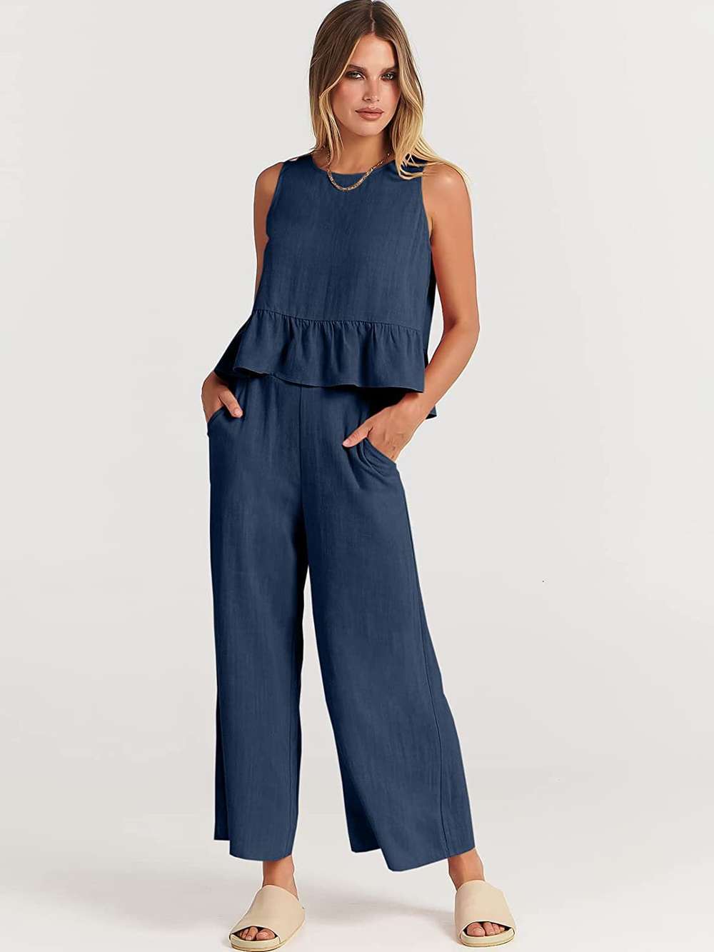 Casual Suit Summer Sleeveless Pleated Vest And Wide-leg Cropped Pants Two Piece Sets - Minihomy