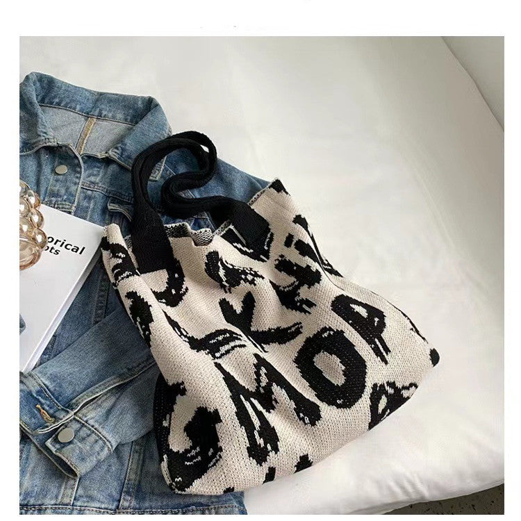 Letter Printed Knit Bag Shopping Shoulder Bag Large Capacity Handbag - Minihomy