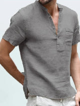 Casual Linen Solid Color Shirt Button V Neck Beach Shirt Men Summer Tops - Minihomy