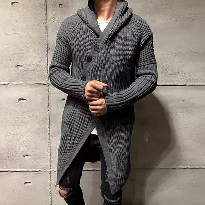 Long Knitted Hooded Sweater Coat Men Solid Color Button Casual Clothes - Minihomy