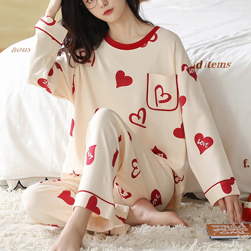 Loose Print Pajamas Women Autumn Winter Pyjama Set Long Sleeves And Trousers Sleepwear - Minihomy