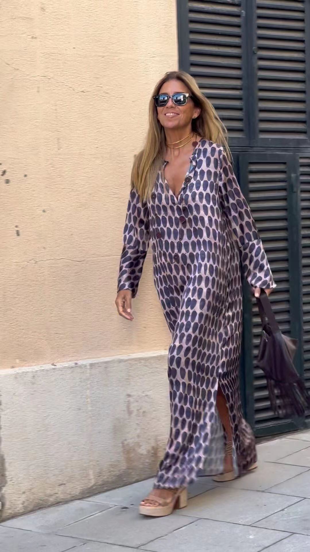 Summer Geometric Printed V-neck Long Dress Fashion Long Sleeve Slit Dresses For Women