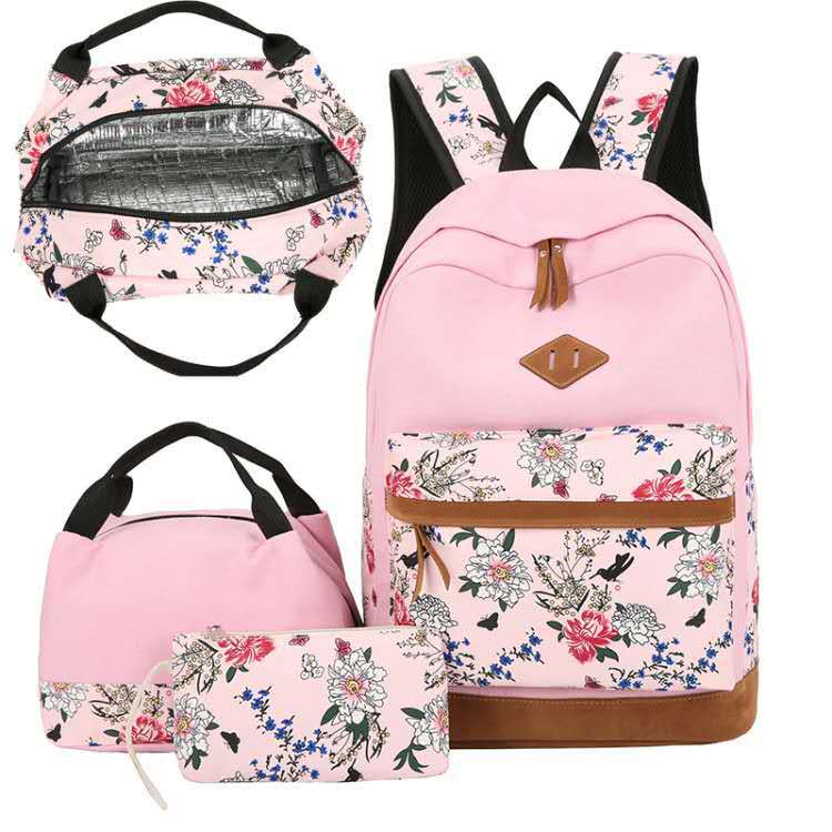 Floral Bags 3pcs Schoolbag Backpack Lunch Bag And Wallets: Your Stylish Companion for Every Adventure - Minihomy