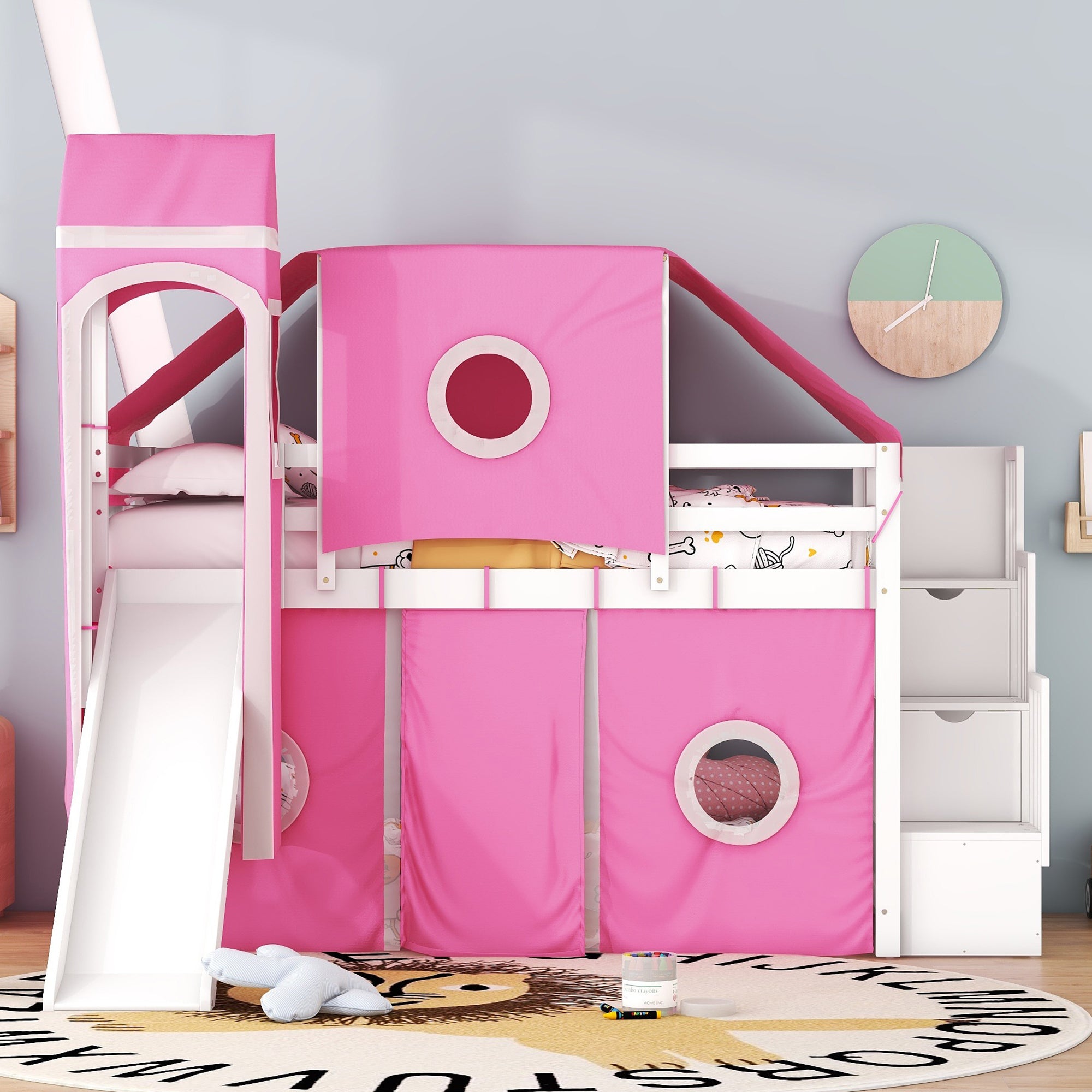 Twin Loft Bed with Tent & Tower - Pink for Girls, Kids Bedroom Furniture