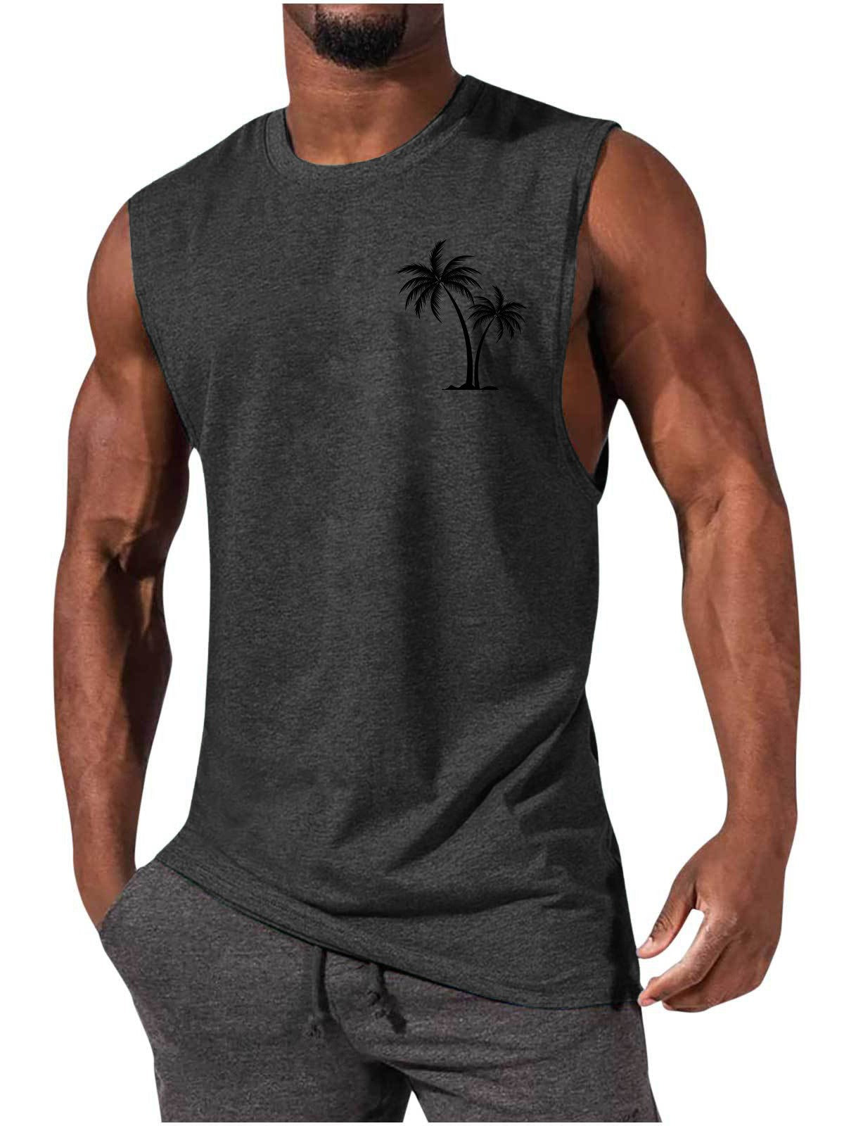 Coconut Tree Embroidery Vest - Summer Beach Tank Tops Workout Muscle Men Sports Fitness T-shirt - Minihomy