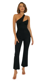 Solid Color Sloping Shoulder Slim Jumpsuit