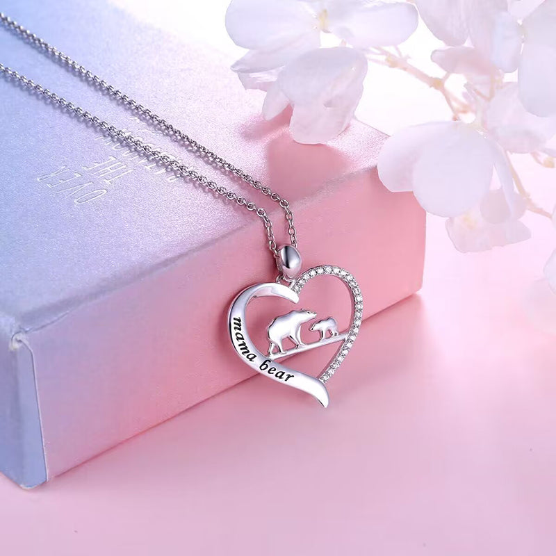 Mama Bear Crystal Heart Pendant Necklace - Minihomy