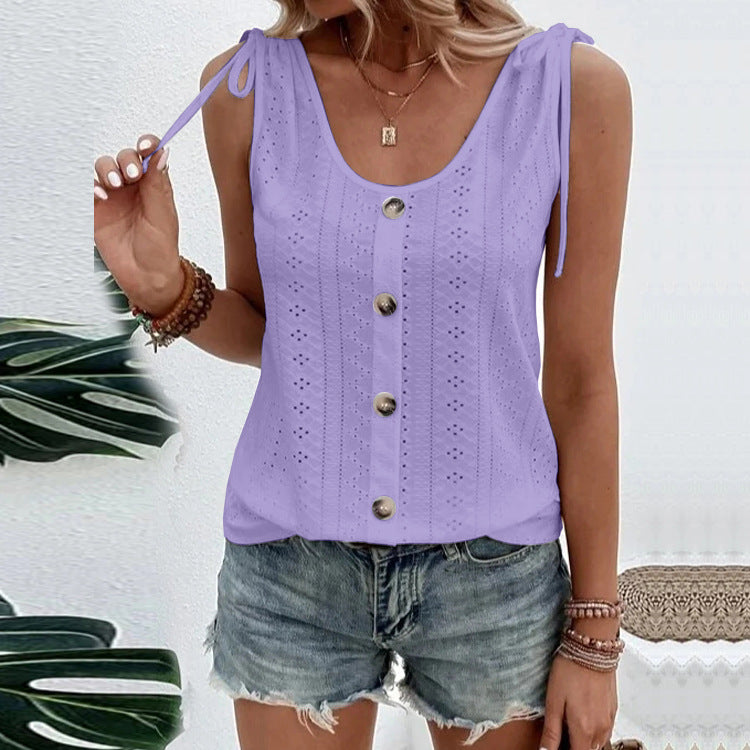 Casual Solid Color U-neck Vest Women Shoulder With Bow Tie Tops Summer T-shirt - Minihomy