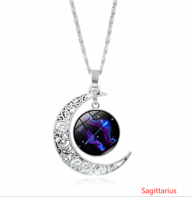 12 constellation time gemstone half moon pendant necklace - Minihomy