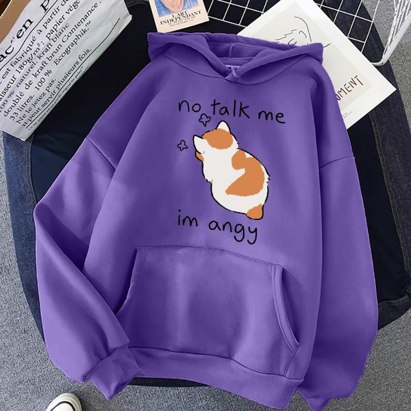 No Talk Me Cute Angry Cat Print Women Hoodie - Minihomy