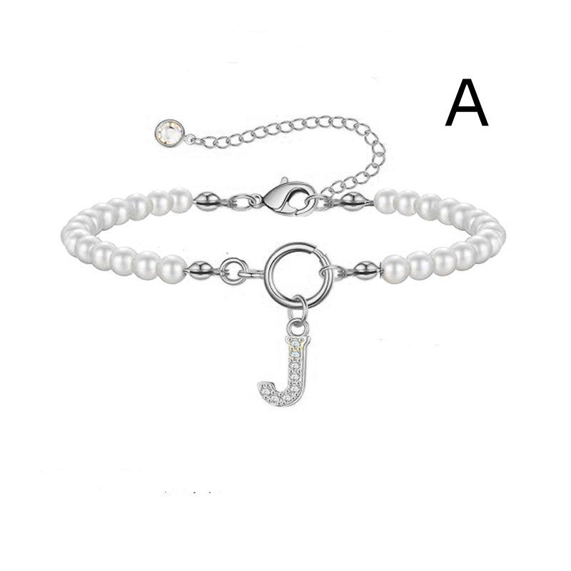 Personalized Initial Bracelet with Pearl Charm - A-Z Letter Toggle Clasp Jewelry Gift for Women - Minihomy