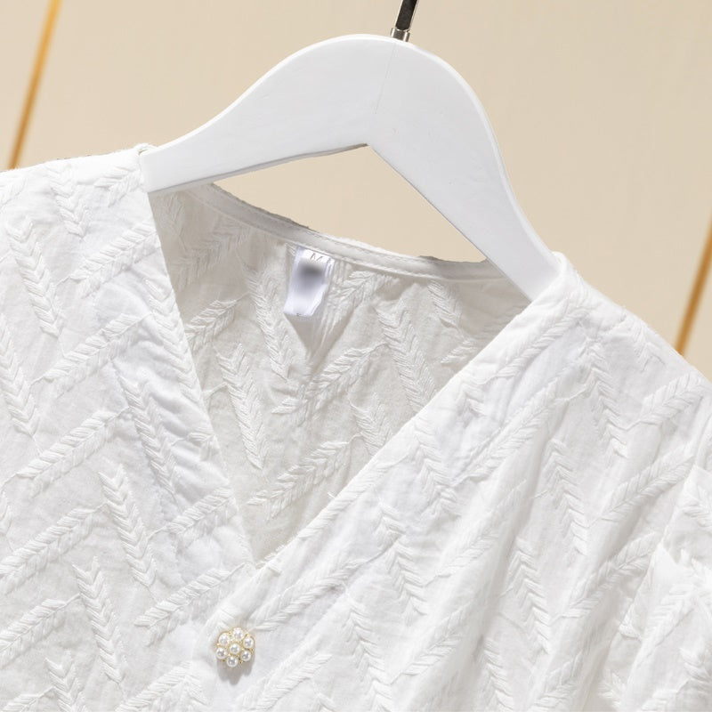 Cotton Embroidered Puff Sleeve Shirt Tops Women White Ladies Shirts - Minihomy