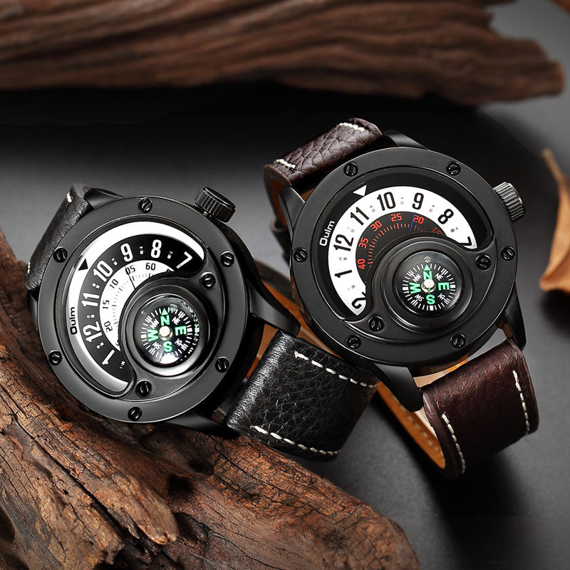 New Sport Watches Men Decorative Compass Unique Design Male Quartz Clock Men's Leather Strap Casual Wrist Watch - Minihomy