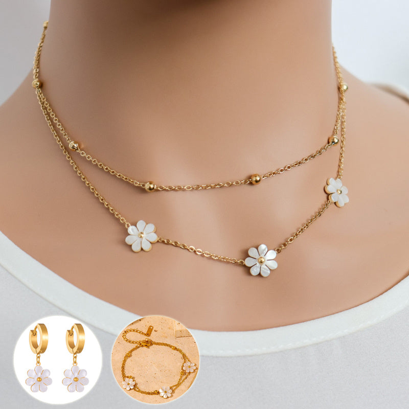 Stainless Steel Flower Daisy Necklace & Earrings Set - Double Layering Jewelry