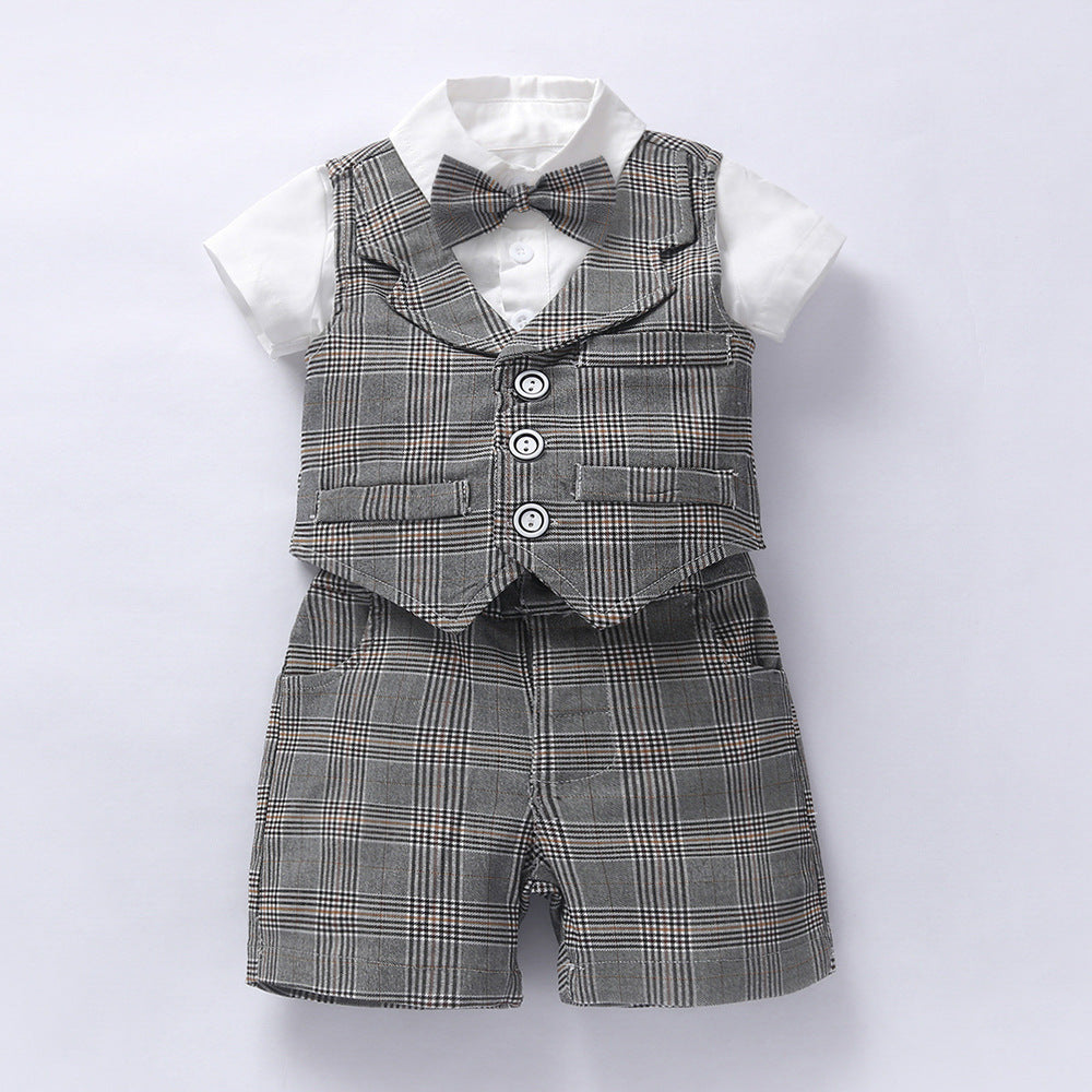 Baby Boy Gentleman Suit Romper Vest Shorts Bow Tie - Minihomy