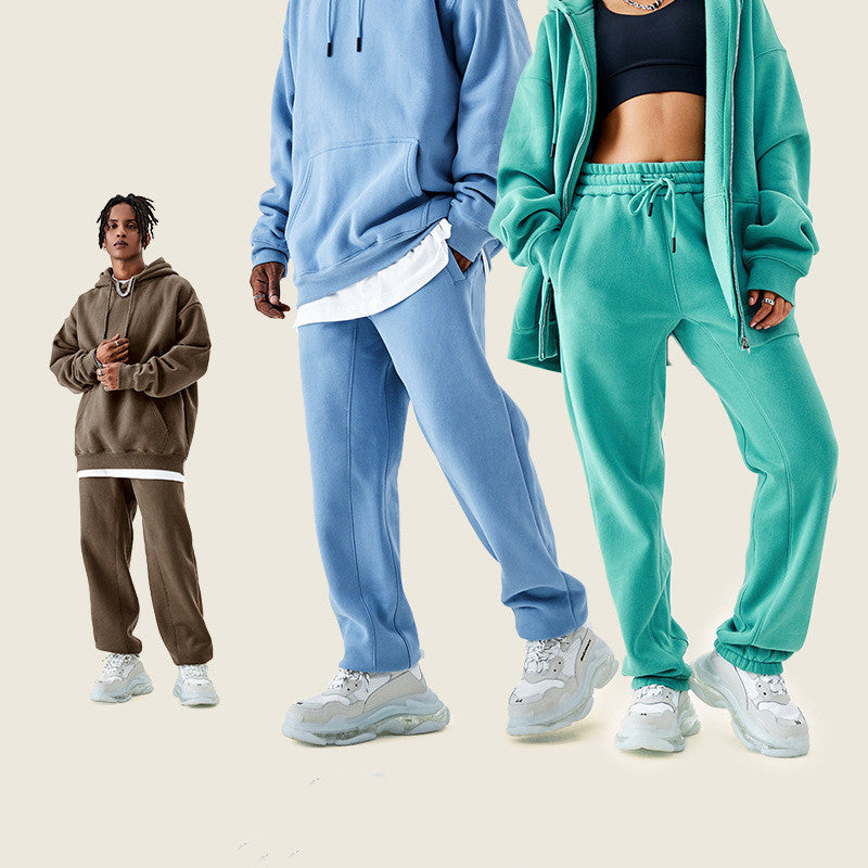 Fleece-lined Thick Loose Solid Color Sweatpants - Minihomy