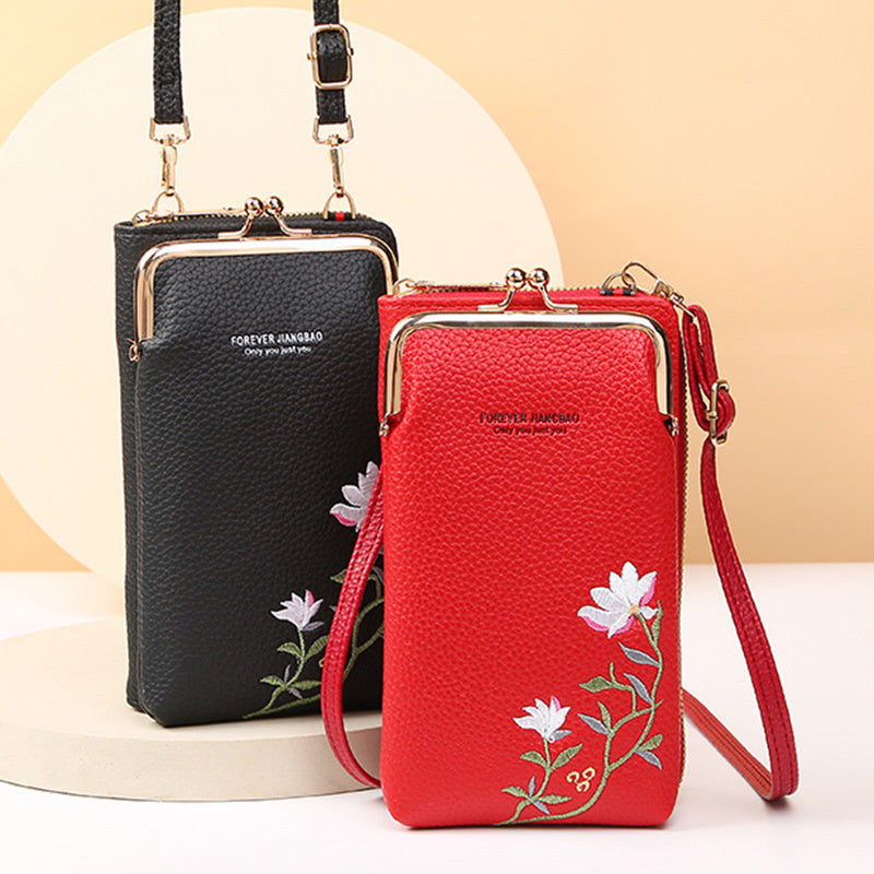 Flower Embroidery Phone Bag With Lock Buckle Outdoor Long Wallet Fashion Shoulder And Crossbody Bags - Minihomy