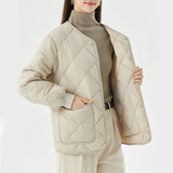 Women's Warm Winter Cotton Coat - Lightweight Rhombus Jacket with Pockets