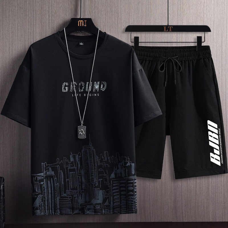 Men's Fashion Printed Short-sleeved T-shirt Shorts Sports Two-piece Set - Minihomy