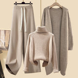 Women's Thickened Knitting Wide-leg Pants Turtleneck Sweater Long Cardigan Jacket